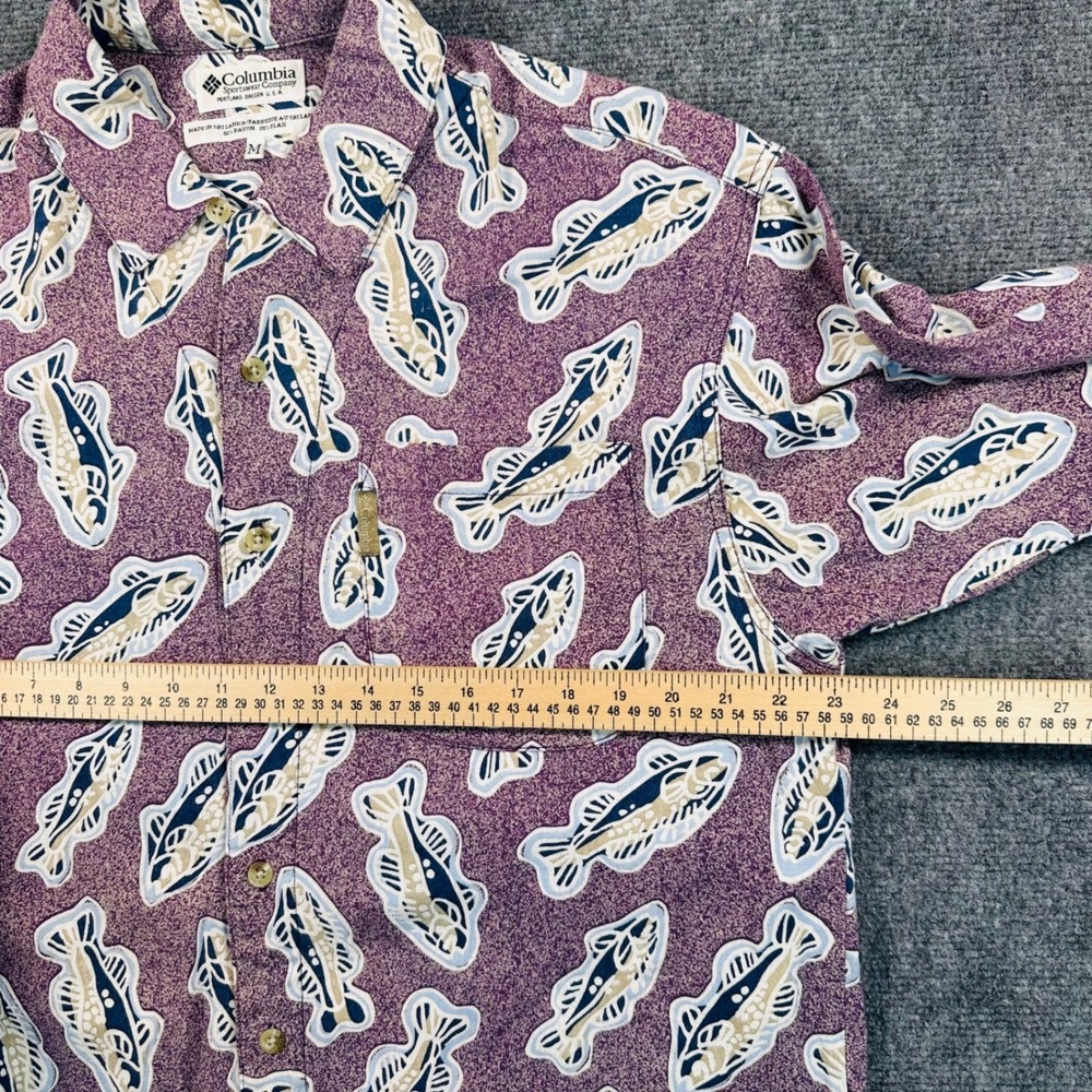 Columbia Men's M Purple Trout Fish Print Rayon Flax Blend Shirt Outdoors Camping - Picture 9 of 10